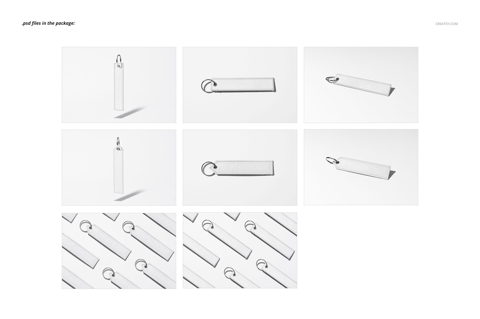 Set of rectangular keychain mockups with metal loops displayed in multiple perspectives on a clean white surface.