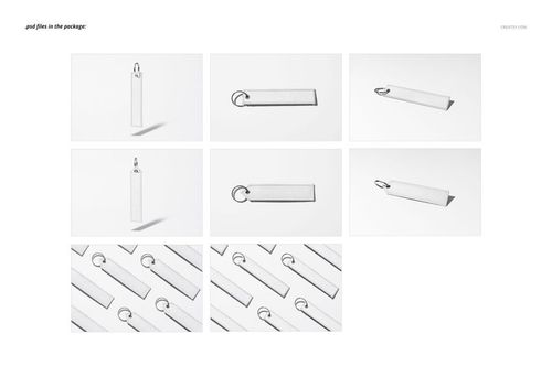 Set of rectangular keychain mockups with metal loops displayed in multiple perspectives on a clean white surface.