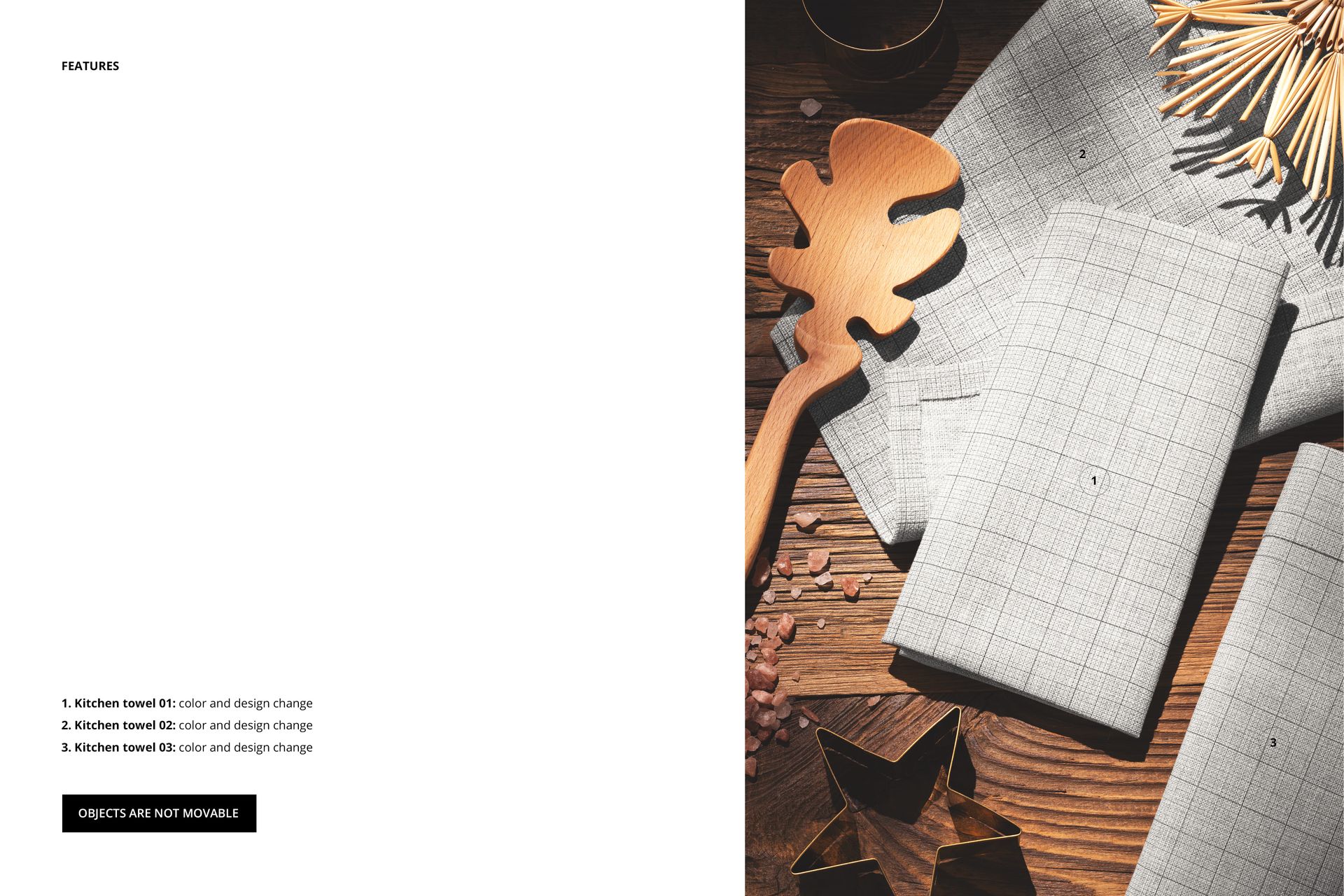 Christmas kitchen towels mockup with a grid pattern, displayed on a wooden table alongside festive props and utensils.