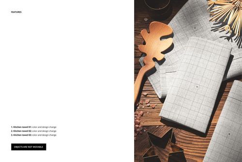 Christmas kitchen towels mockup with a grid pattern, displayed on a wooden table alongside festive props and utensils.