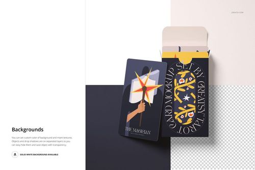 Front view of tarot cards mockup set featuring illustrated designs, with one card and box on a geometric background.