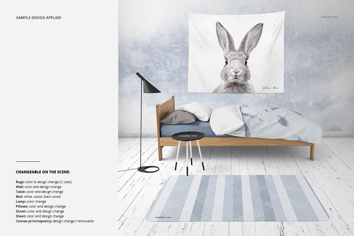 Mockup of a children's room with a striped rug, wooden bed, blue bedding, and rabbit canvas on the wall.