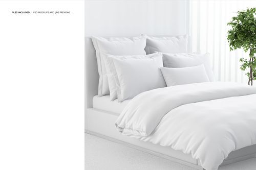 PSD mockup of a bed with crisp white bedding and pillows, set in a light-filled room with sheer curtains.