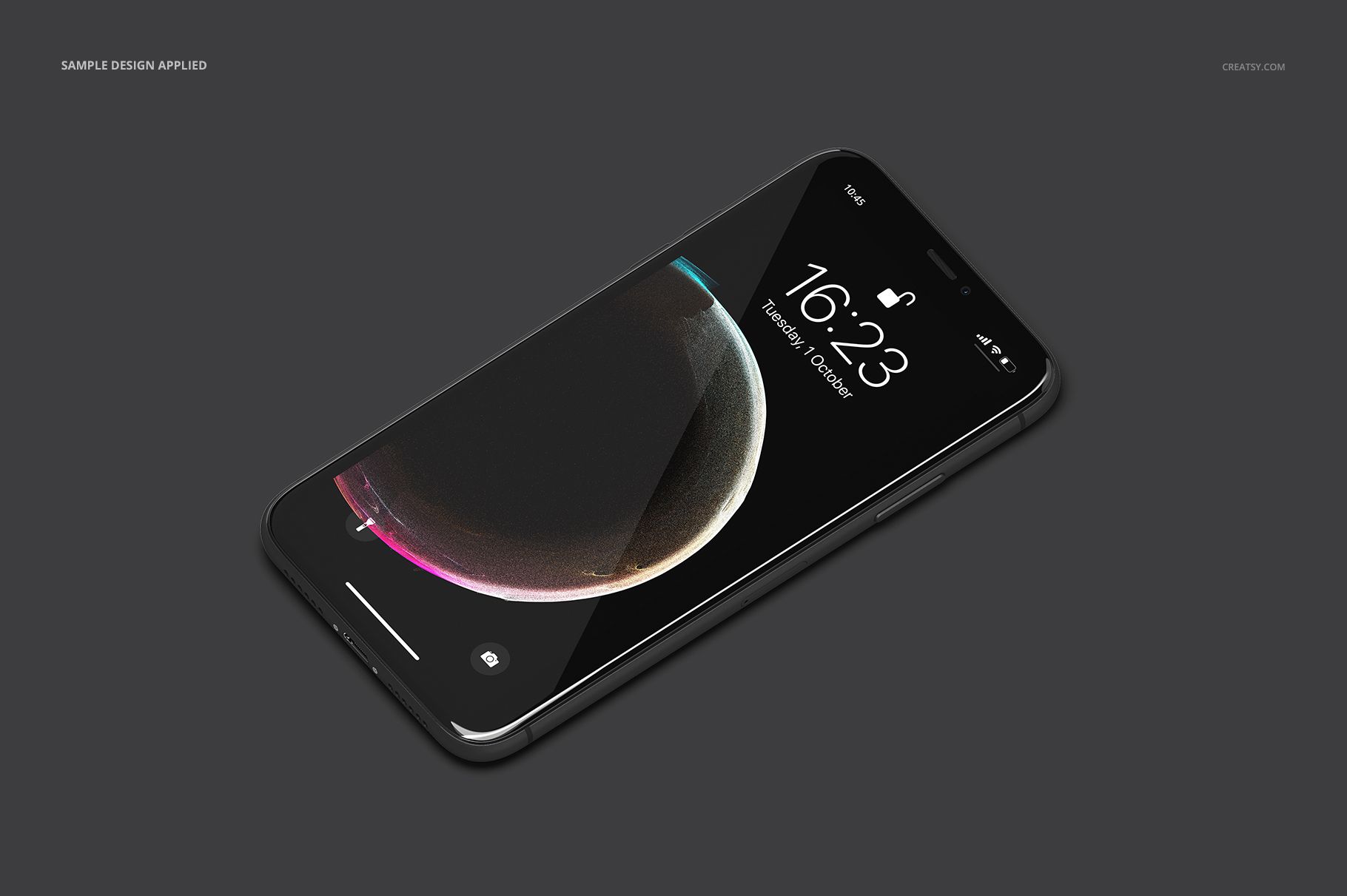 Single black iPhone 11 mockup shown from an angled top view, screen featuring a sleek digital design and time display.