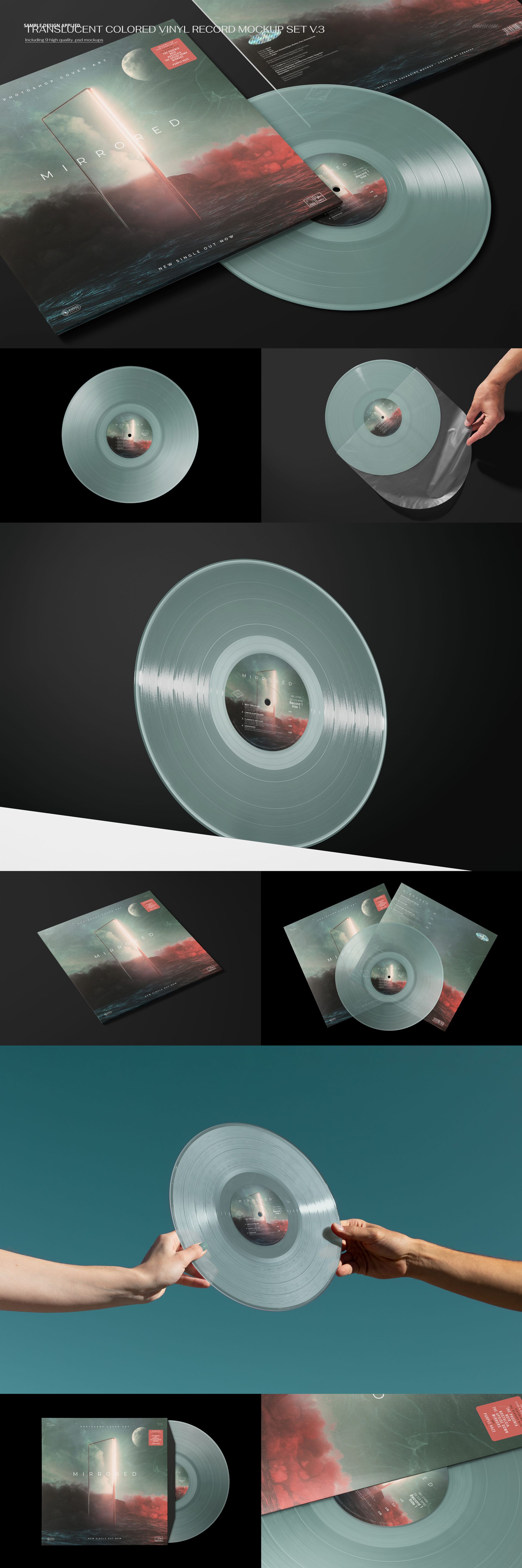 Transparent vinyl record and album cover mockup bundle shown in various scenes, featuring clear discs and modern artwork.