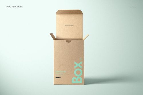 Kraft paper tuck top gift box mockup shown upright with open lid, minimalist background and soft shadows.