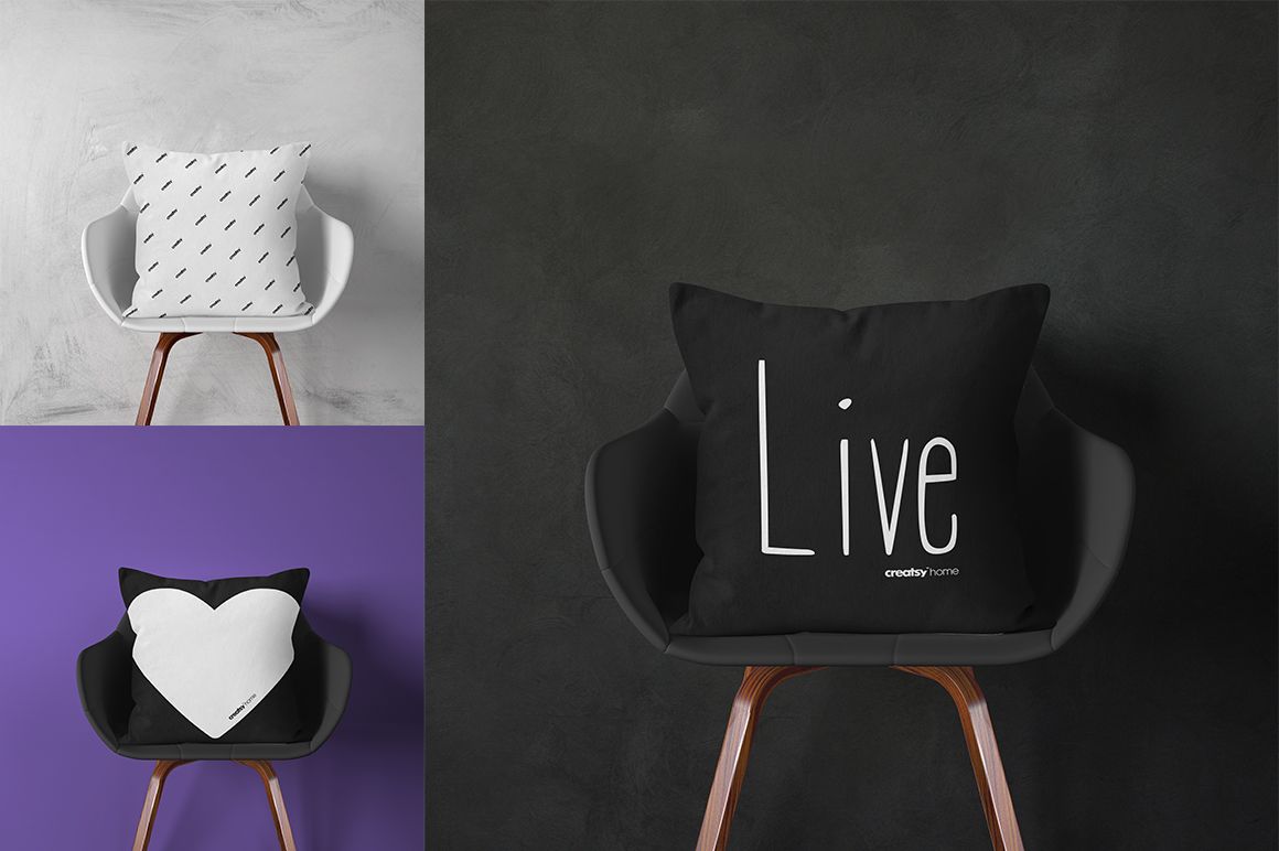 PSD mockup of throw pillows arranged on chairs, highlighting simple geometric and text designs against varied backgrounds.