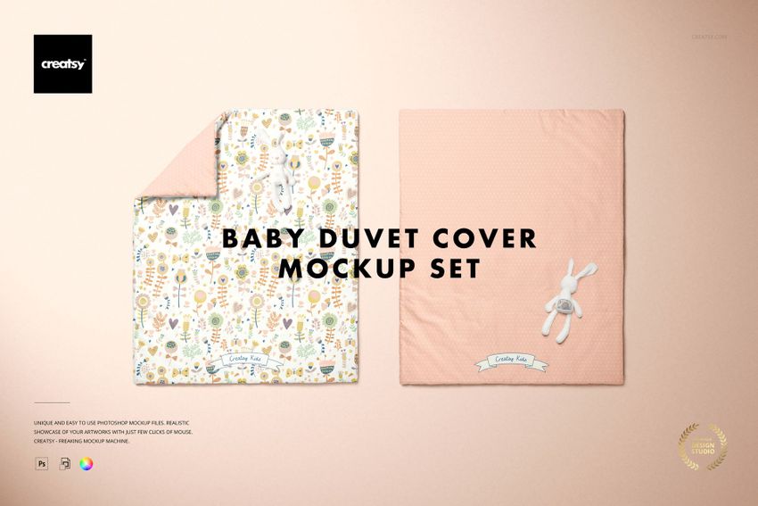 Baby duvet cover mockup with two covers displayed side by side, one patterned and one solid pink, top view.