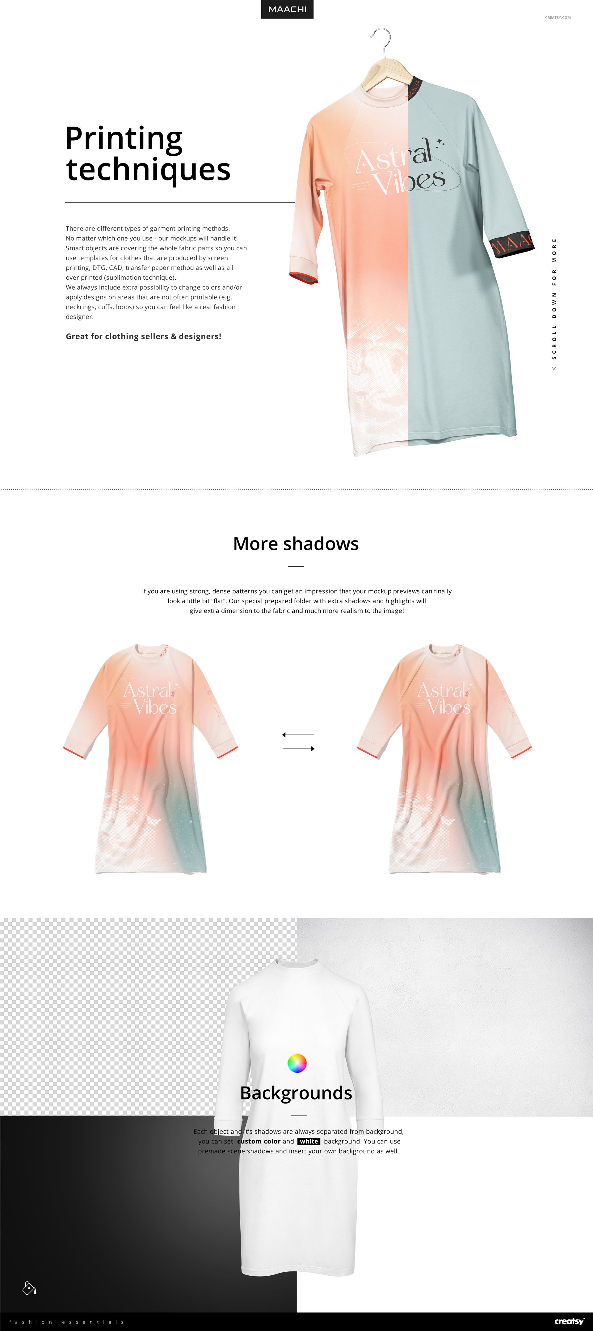 Front view of a raglan sweatshirt dress mockup on a hanger, featuring pastel gradient colors and minimal text.