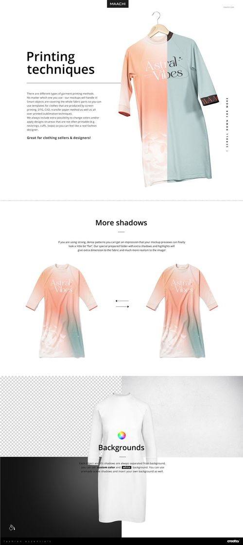 Front view of a raglan sweatshirt dress mockup on a hanger, featuring pastel gradient colors and minimal text.