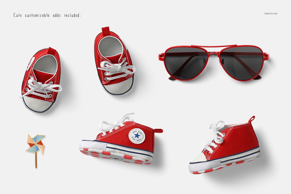 PSD mockup featuring a pair of red baby sneakers, aviator sunglasses, and a pinwheel, all displayed from above.