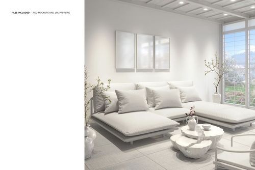 Modern Japanese interior mockup featuring a low white sofa with cushions, coffee table, and large windows with a garden view.