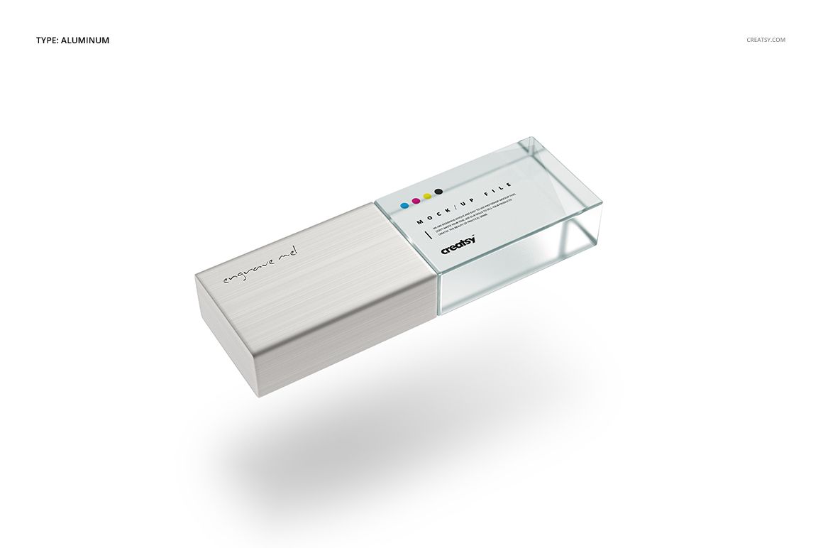 Single acrylic USB drive mockup featuring transparent and metallic elements, displayed at an angle against a plain backdrop.