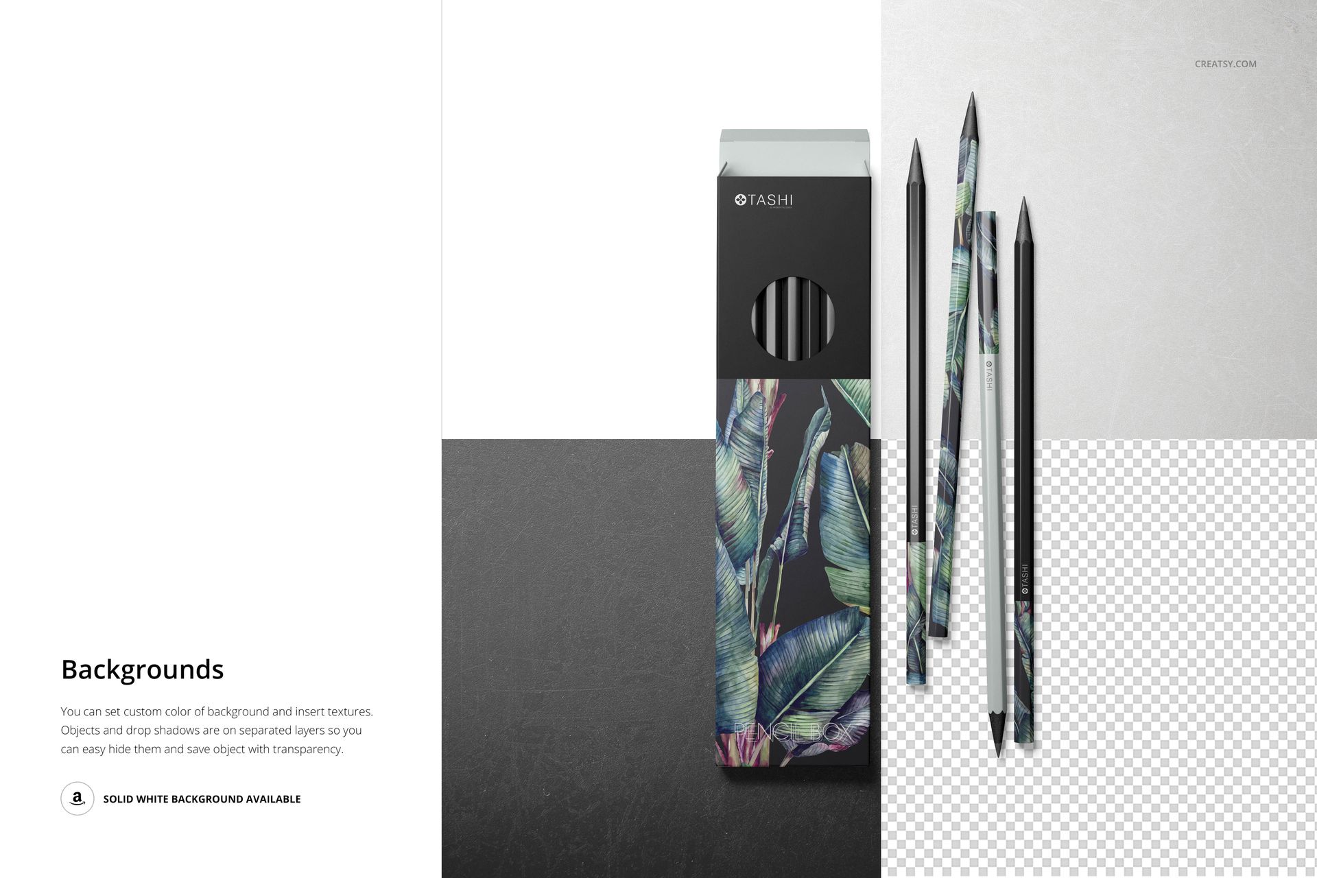 Front view of a pencil box mockup with botanical design, displayed beside three pencils on a white and transparent surface.