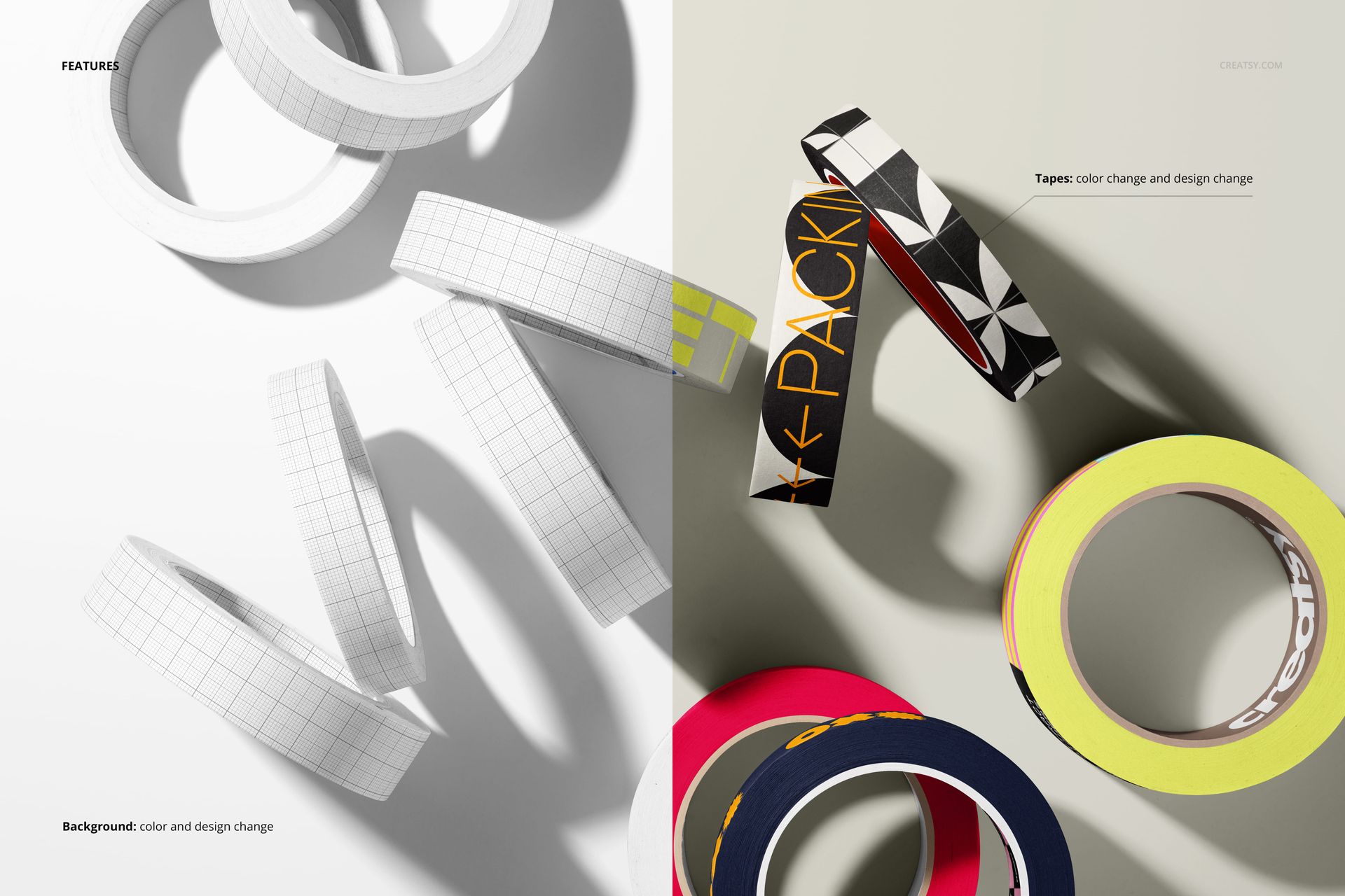 Scattered packaging tape rolls mockup with different designs and colors, shown from above on a light and shadowed surface.