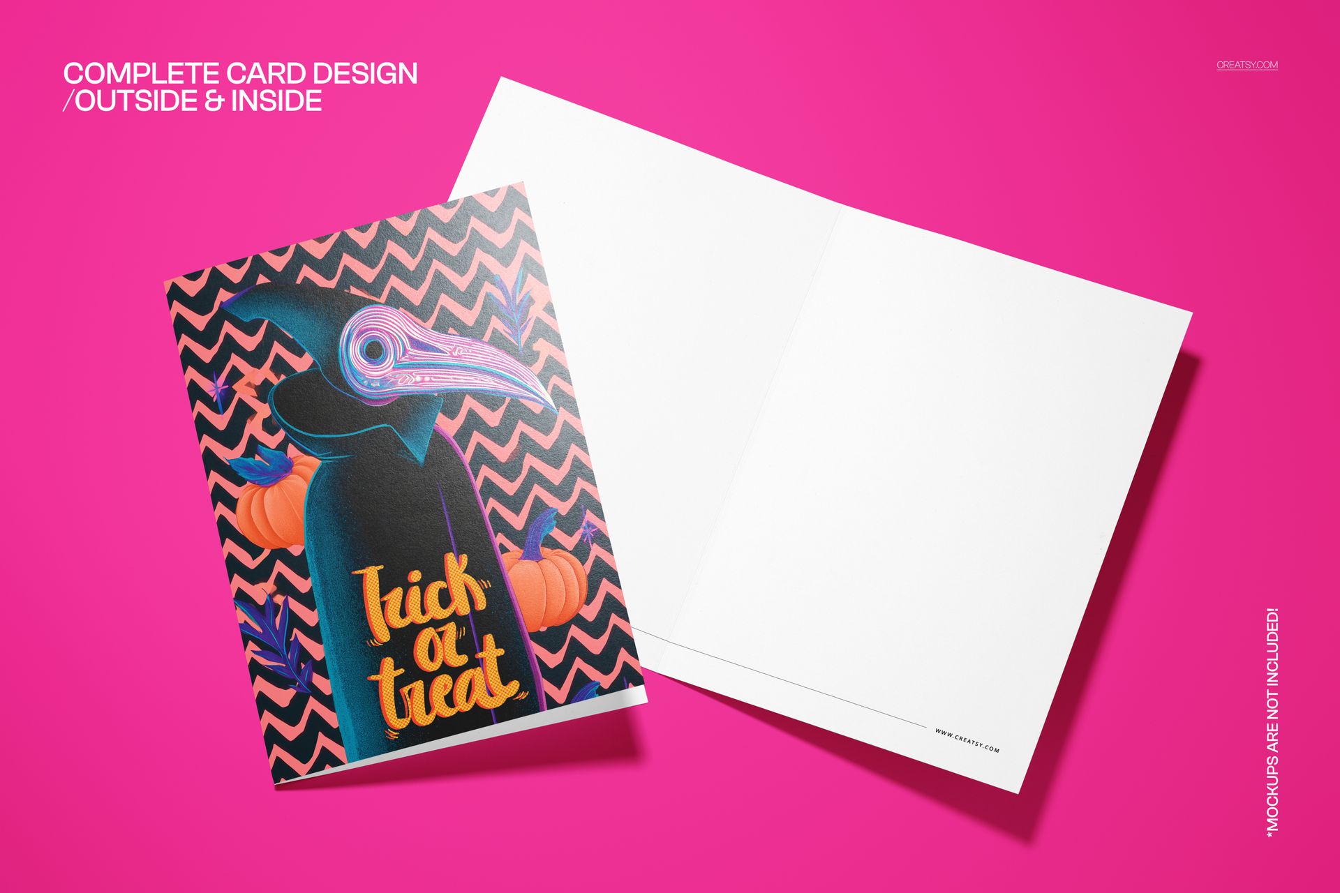 PSD mockup of a 5x7 greeting card with a skull mask illustration and zigzag pattern, displayed on a pink background.