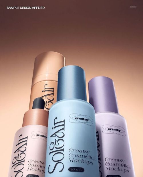 Group of pastel-colored cosmetic bottles with clean labels, shown in a high-end studio environment mockup.