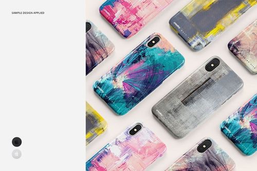 Top view of several iPhone X plastic case mockups featuring various painted abstract patterns and neutral tones.