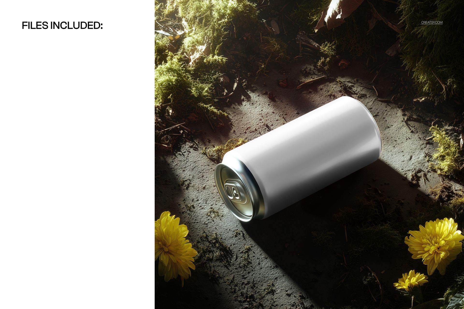 Nature-themed beverage can mockup featuring a plain aluminum can lying on earthy ground with moss and yellow flowers.