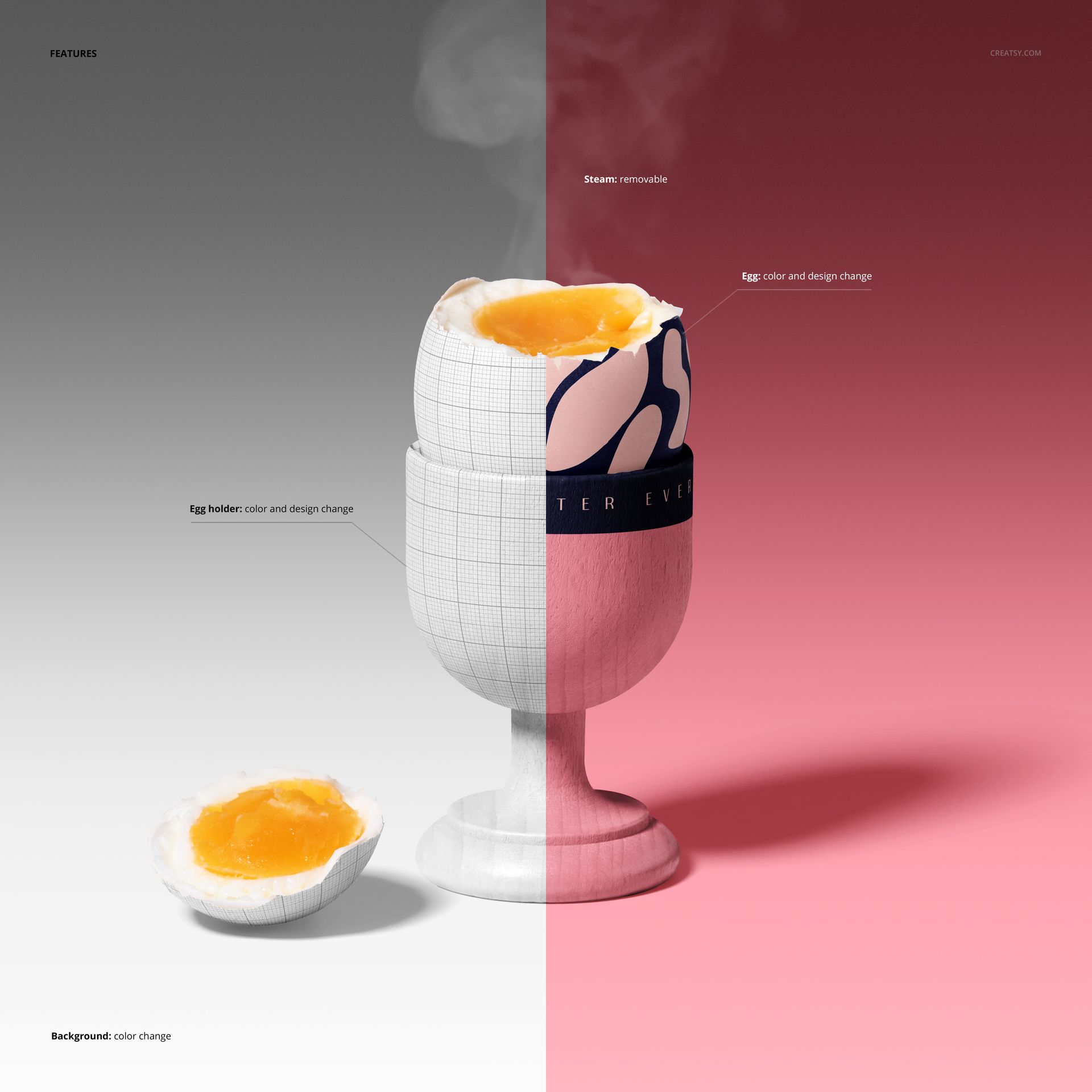 Easter egg breakfast mockup showing a soft-boiled egg in a white egg cup, with half the shell and yolk exposed, set against a split gray and pink background.