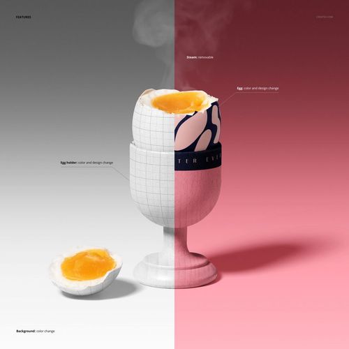 Easter egg breakfast mockup showing a soft-boiled egg in a white egg cup, with half the shell and yolk exposed, set against a split gray and pink background.