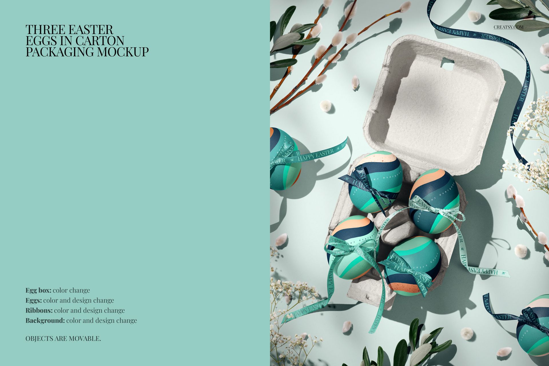 PSD mockup showing three colorful Easter eggs in an open carton, with pastel ribbons and scattered flower petals.