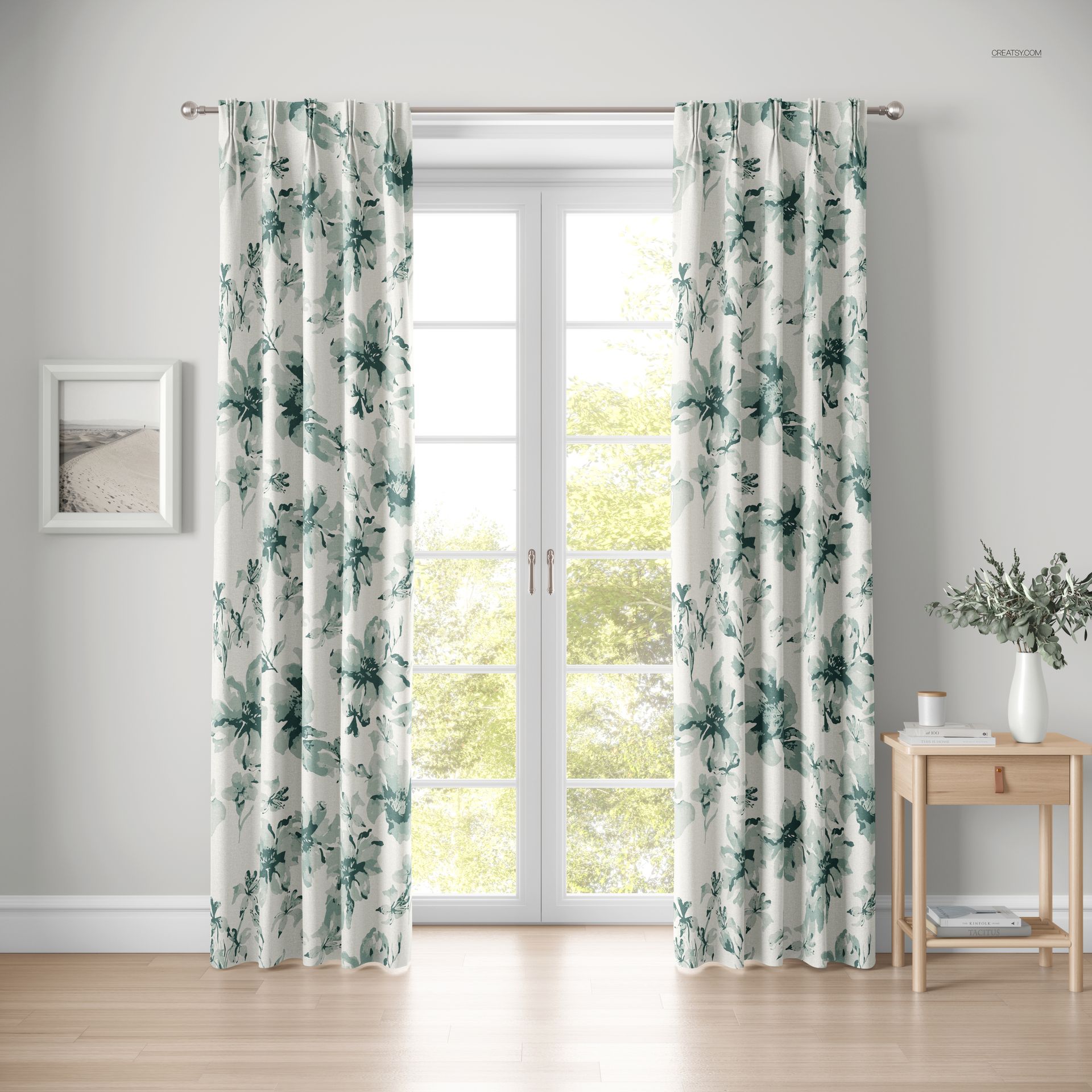 American pleat curtain mockup featuring botanical print in green tones, displayed on a window with natural light.