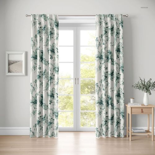 American pleat curtain mockup featuring botanical print in green tones, displayed on a window with natural light.