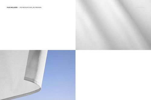 Close-up views of a white flag mockup showing fabric texture and edge details, with sky background in one section.