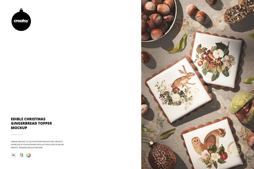 Square edible gingerbread toppers featuring detailed animal and botanical prints, styled with nuts and ornaments in a PSD mockup.