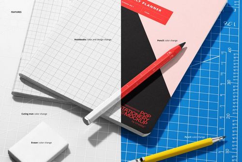 Top view of stationery mockup featuring two notebooks, pencils, scissors, and eraser on white and blue surfaces.