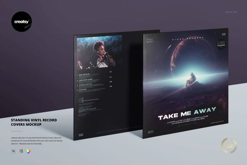 Standing vinyl record cover PSD mockup featuring a cosmic illustration and tracklist, both covers positioned side by side.