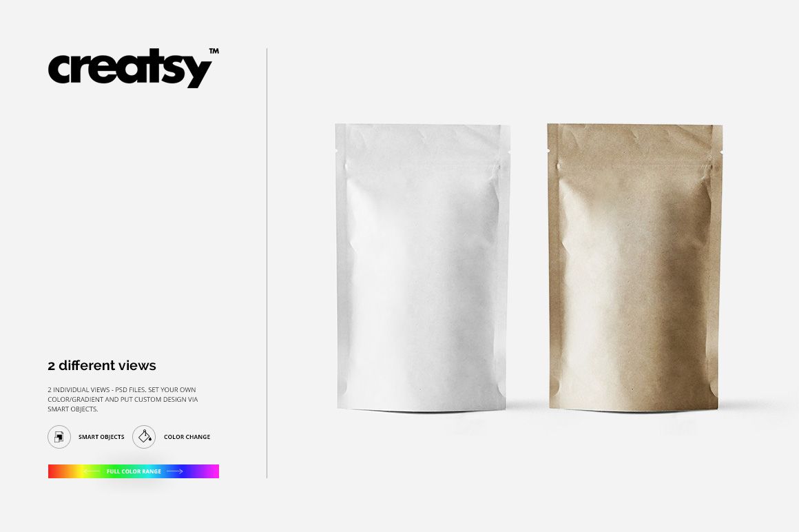 Mockup of two packaging bags, one in white and one in kraft brown, displayed side by side on a neutral surface.
