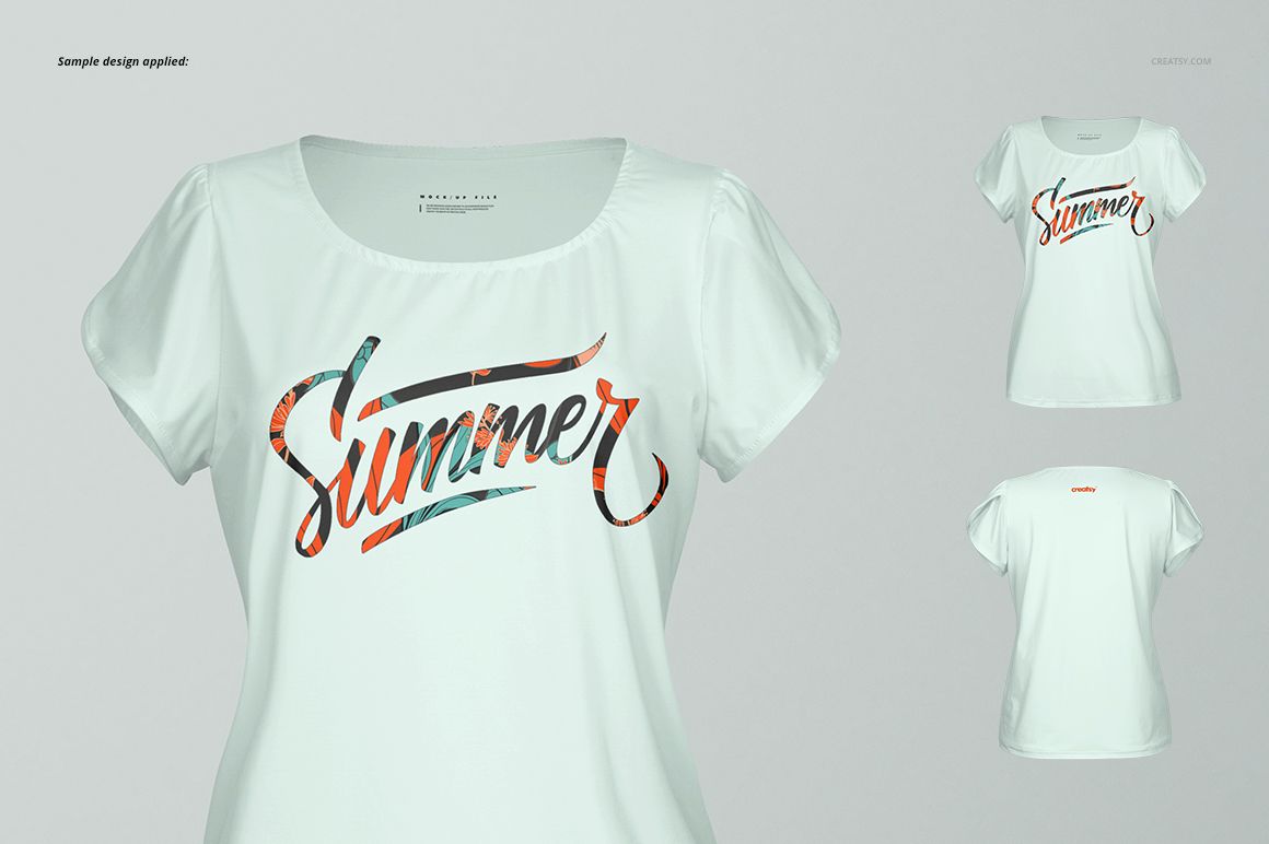 Front view of a women's split sleeves blouse mockup with a colorful 'Summer' script design on a light fabric.