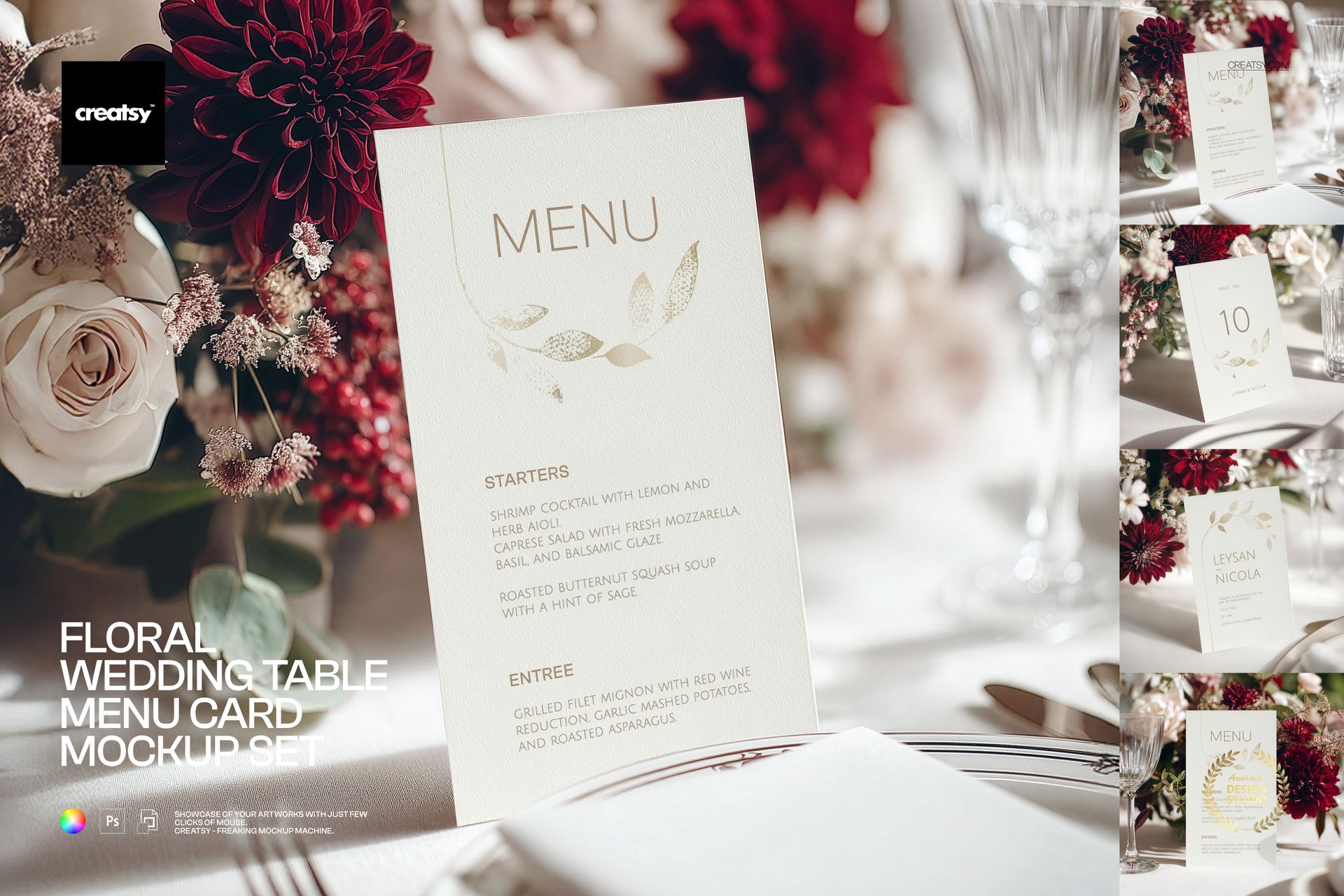 PSD mockup of a wedding menu card standing on a decorated table with floral arrangements and tableware.