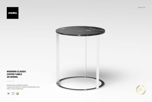 Round coffee table with a black marble top and silver metal legs, shown from a front angle on a light background.