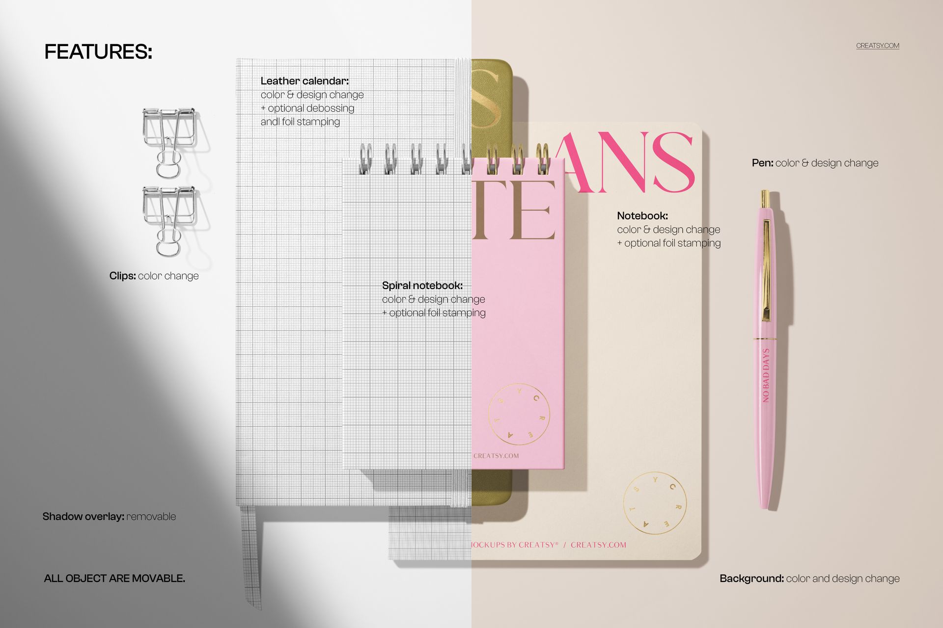 Spiral notepad, leather planner, and notebook mockup displayed from a top view on a neutral background with a pen and clips.