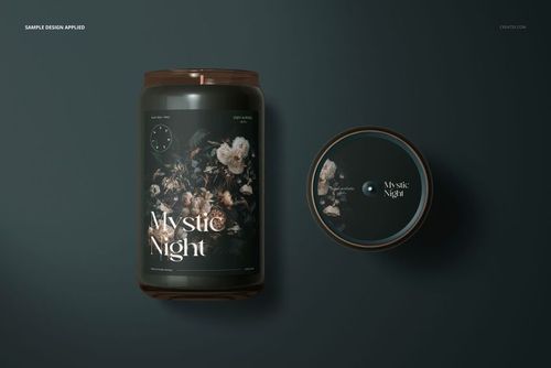 Can glass candle mockup set showing a cylindrical candle with floral artwork, viewed from the front and above.