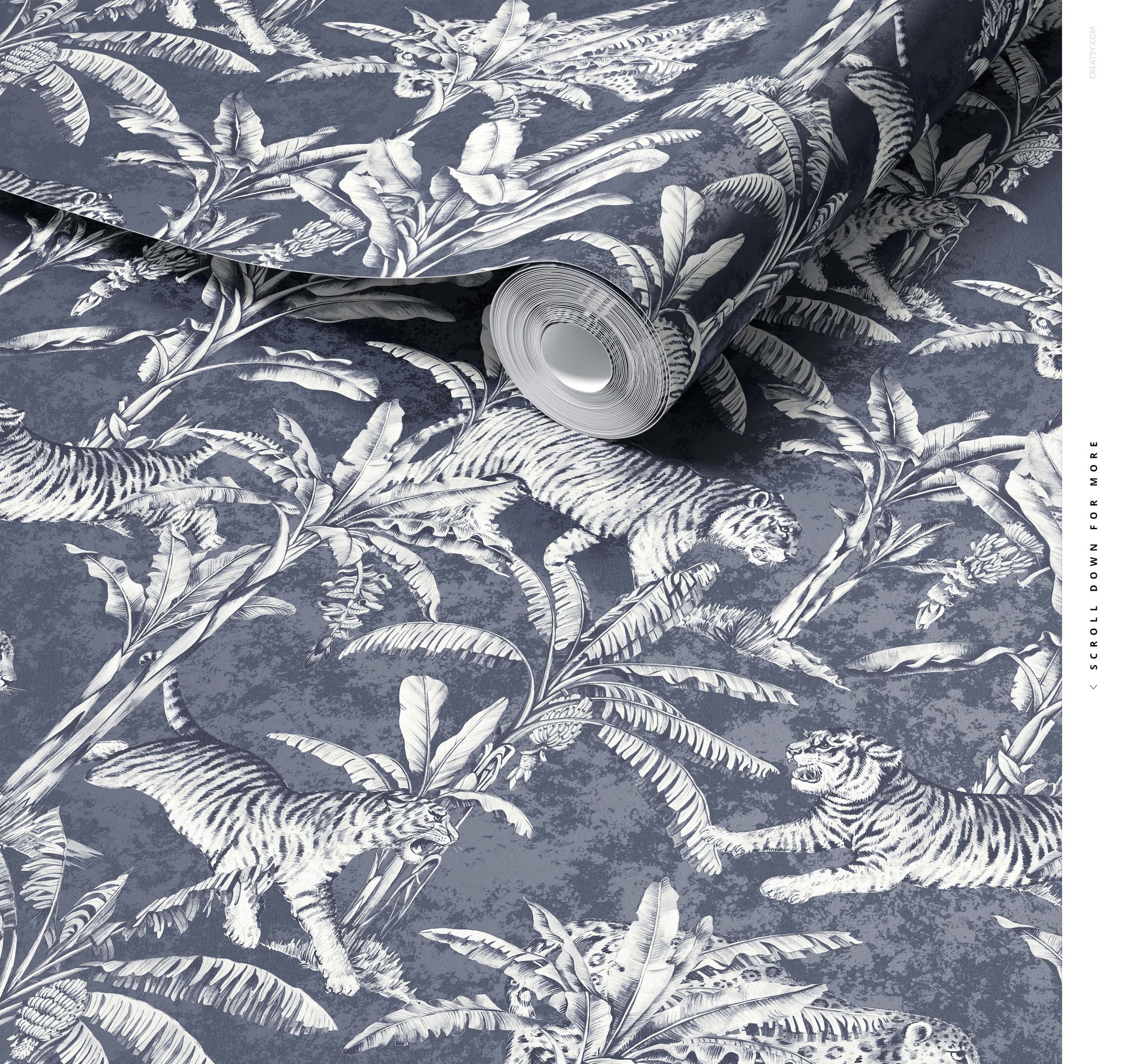 PSD mockup of a paper wallpaper roll displaying a white tiger and botanical motif on a deep blue background.