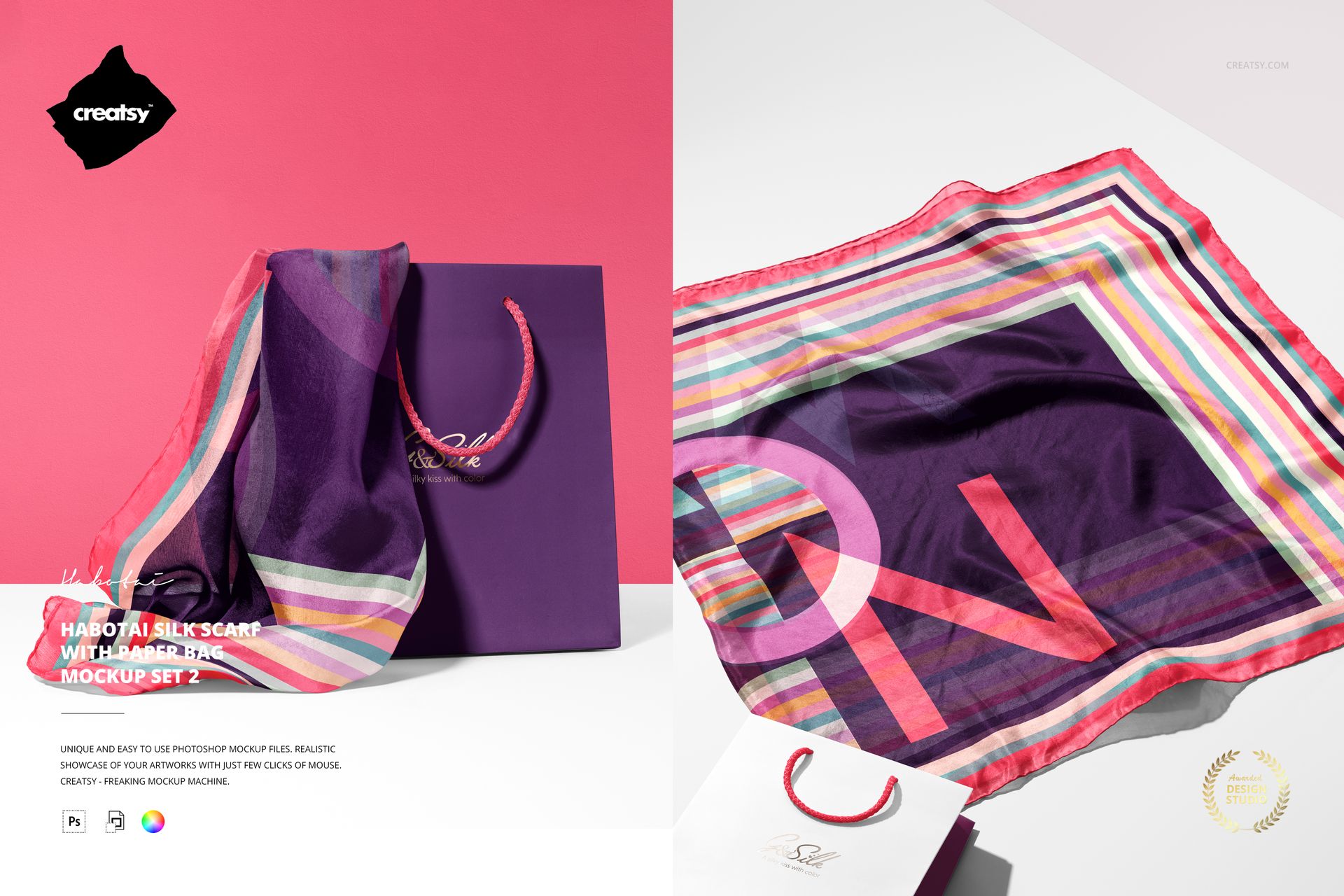 Silk scarf with colorful striped border and purple center, shown next to a purple paper bag, front view mockup.