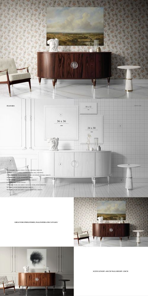 PSD mockup showing a modern interior with patterned wallpaper, canvas art, and a dark wood sideboard.