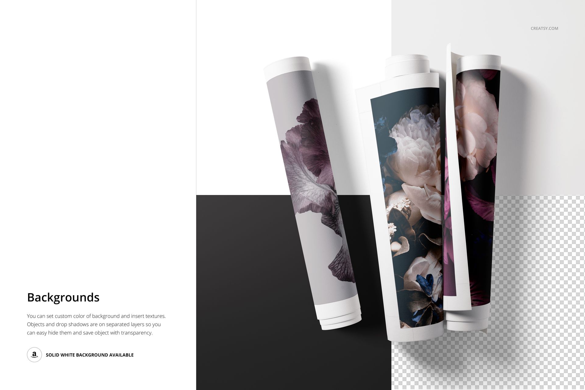 Rolled canvas print mockup set showing floral patterns, placed on a background with white, black, and transparent sections.