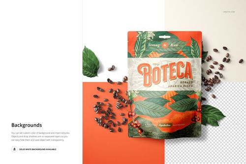 Doypack bag pouch mockup featuring a botanical pattern and coffee beans, shown on a white and transparent background.