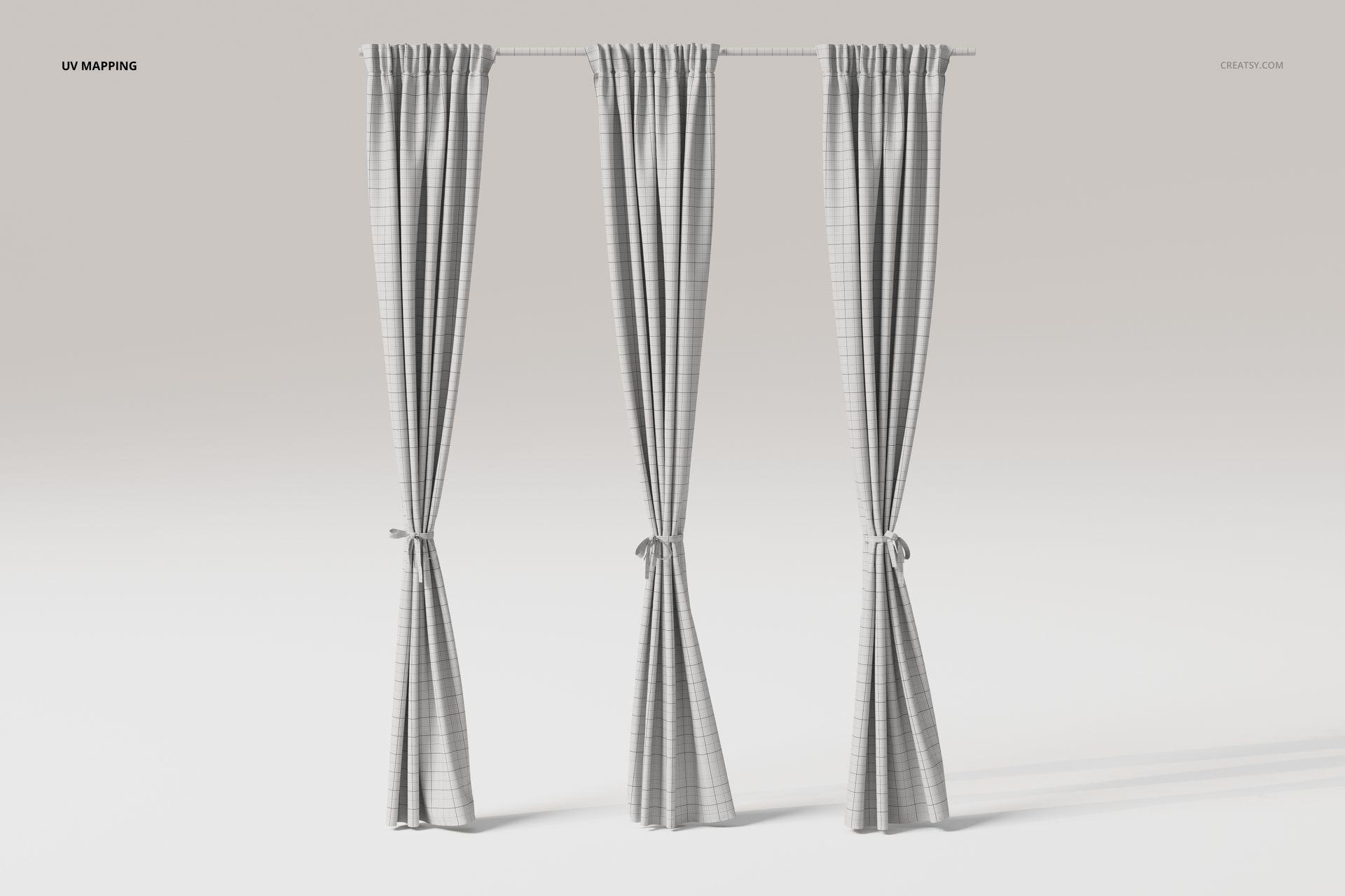 Front view of three luxury tie back curtains with a subtle checkered pattern, hanging on a rod against a plain background.