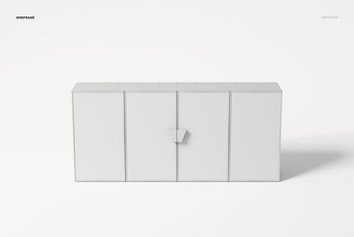 Front view of a four-door sideboard in a minimal wireframe style, shown against a plain white background.