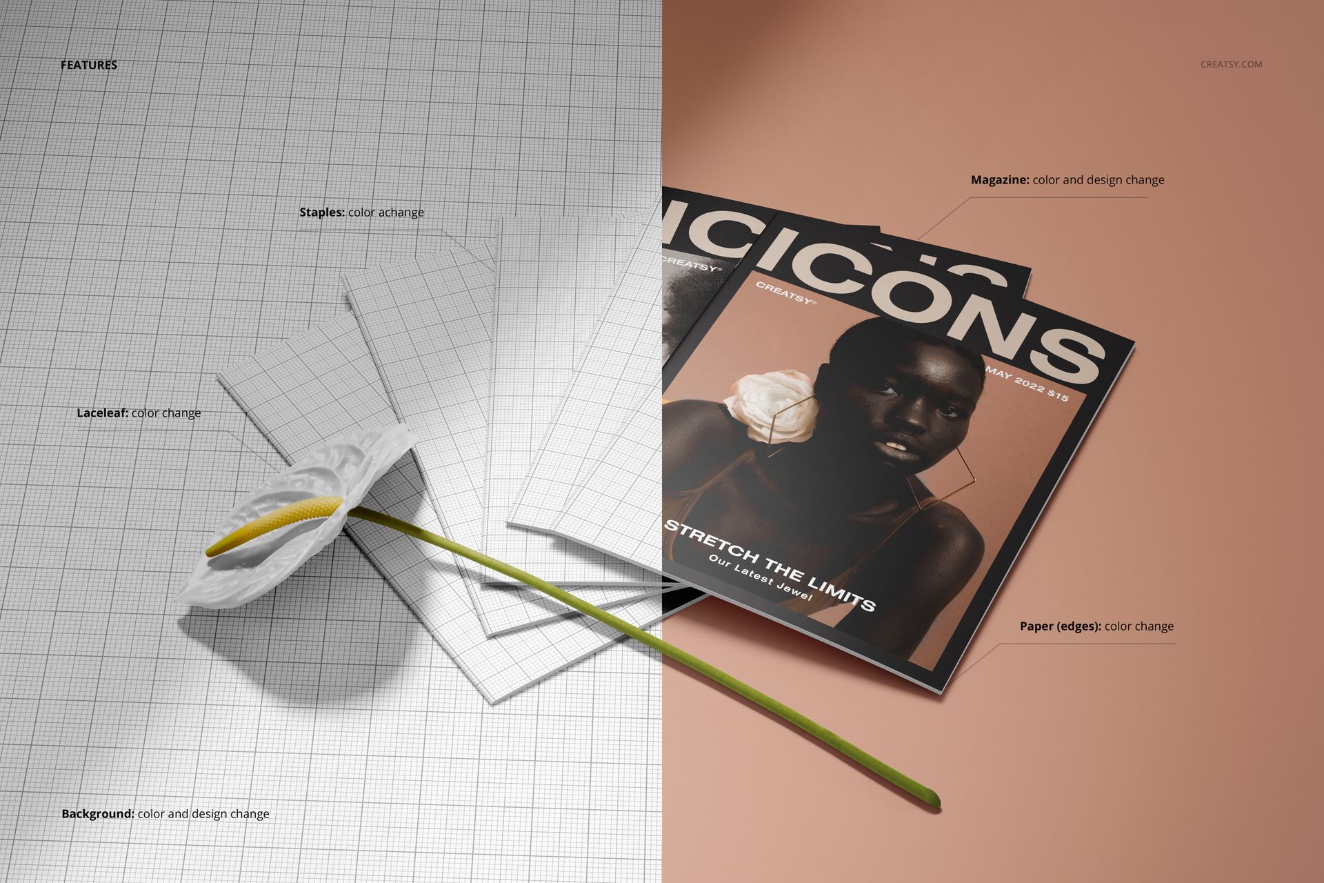 8.5x11 magazine mockup set showing two magazines with customizable covers on a brown surface beside grid paper sheets.