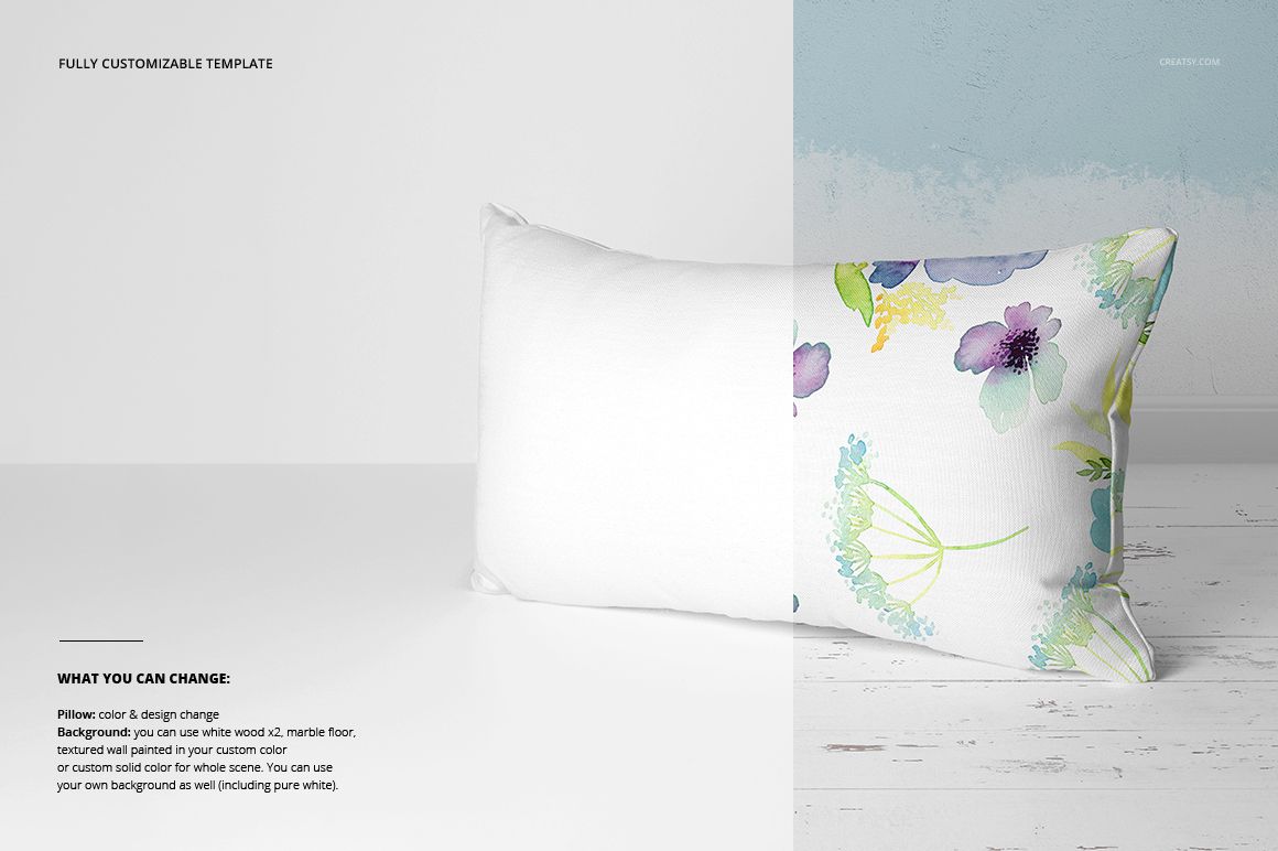 Rectangular pillow mockup featuring a split design with plain white and watercolor flowers, placed on a light wooden floor.