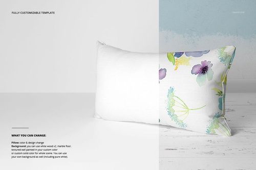 Rectangular pillow mockup featuring a split design with plain white and watercolor flowers, placed on a light wooden floor.