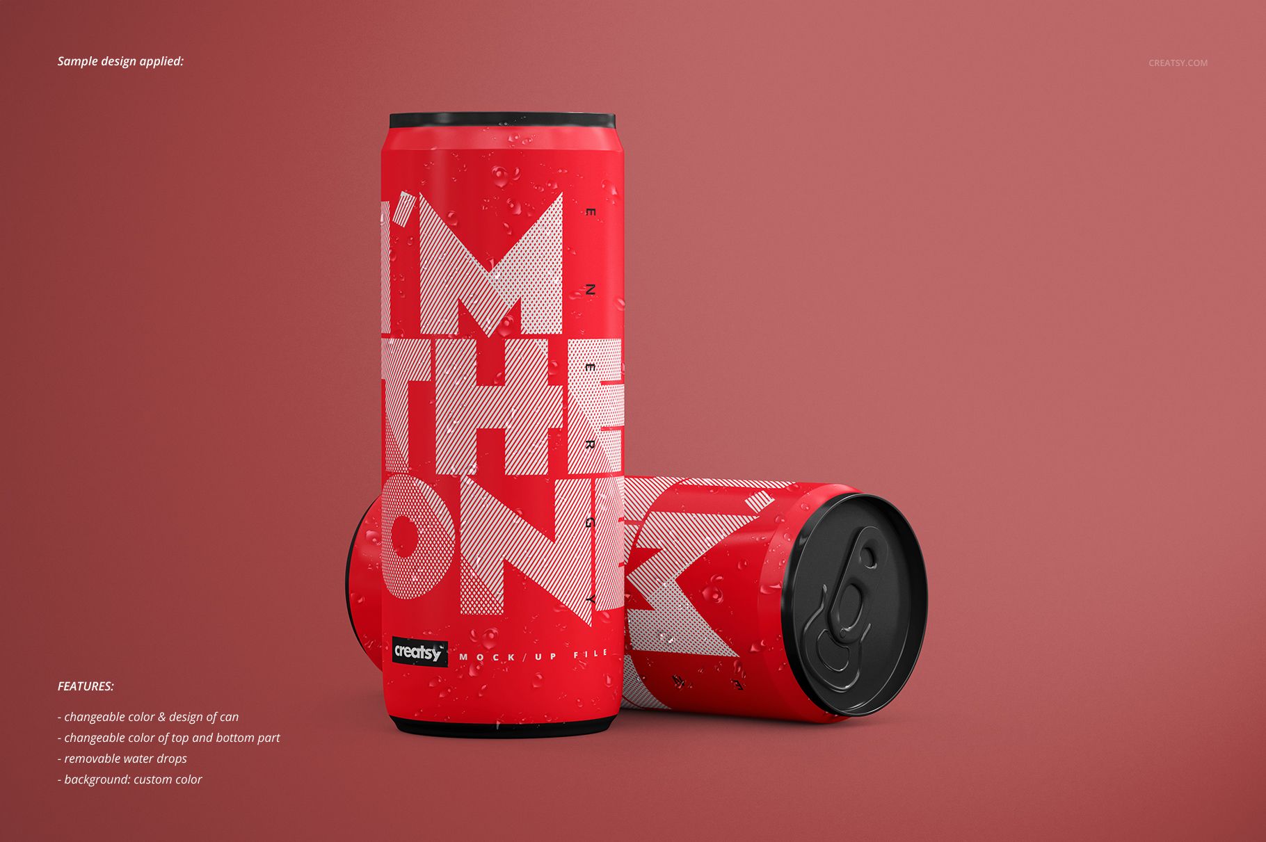 Front view of energy drink can mockup set featuring red cans with large white text and water droplets on a plain surface.