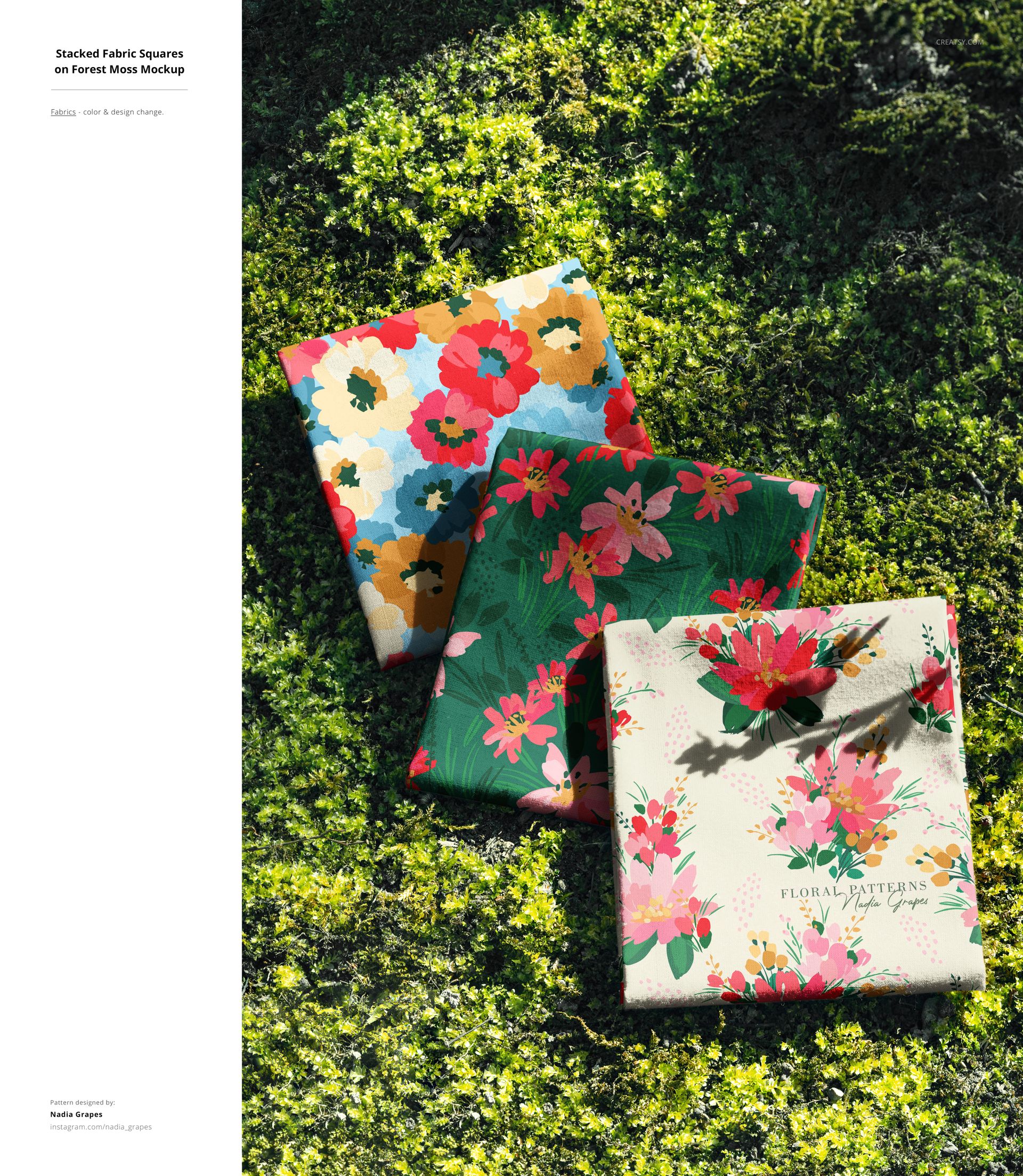 PSD mockup of patterned fabric pieces with floral motifs placed on natural moss background, photographed from above.
